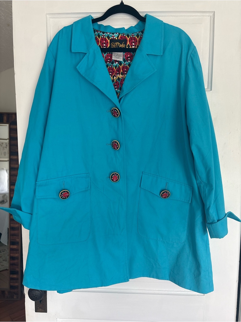 Bob Mackie Vintage Style Turquoise Ladybug Jacket Whimsical Novelty Coat Size L